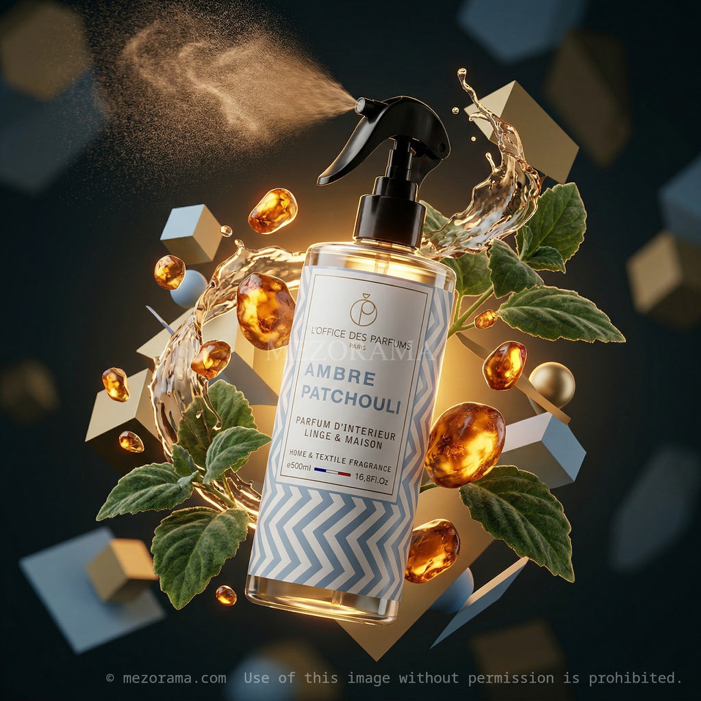 Atmosphère chaleureuse et boisée, L'Office des Parfums, Ambre Patchouli, Spray d'intérieur, 500ml